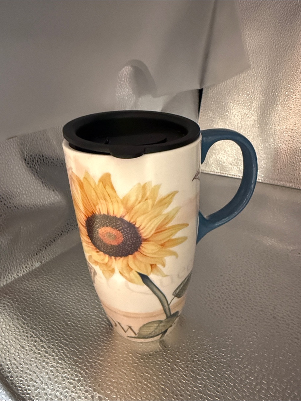 New Cypress Home Sunflower Ceramic Travel Mug with Blue Handle